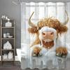Highland Cow Bathroom Set: Shower Curtain, Bath Mat & Toilet Seat Cover with Scottish Cow Design.