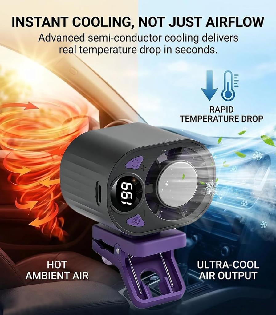 2026 New Car Clip On Air Conditioner Fan With LED Display, Mini Cooling System For Auto Vehicle, 360° Rotation Mini Clip Fan