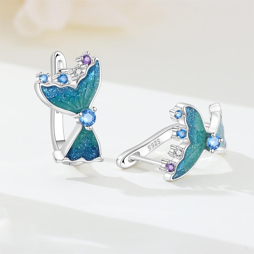 Orstarry S925 Silver Earrings Exquisite Marine Life Blue Starfish Dolphin Mermaid Tail Earrings For Women Birthday Gift
