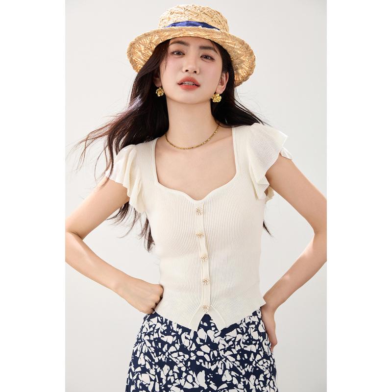 2026 Summer French Style Puff Sleeve Knit Top with Slim Fit and Split Hem Extra Large абрикосовый