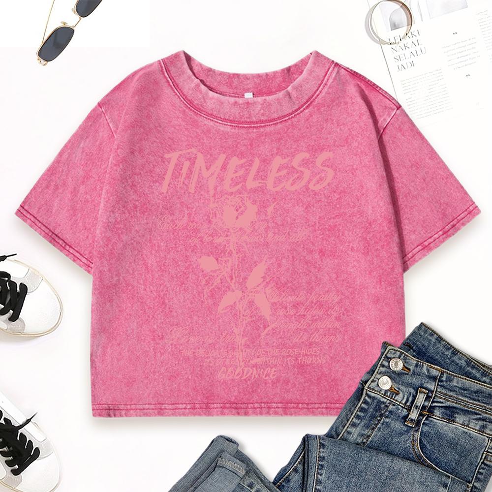 Timeless Love Flowers Prints Washed Slim T Shirts Women Fashion Street T-Shirt Fitness Summer Short Sleeve Cotton Top