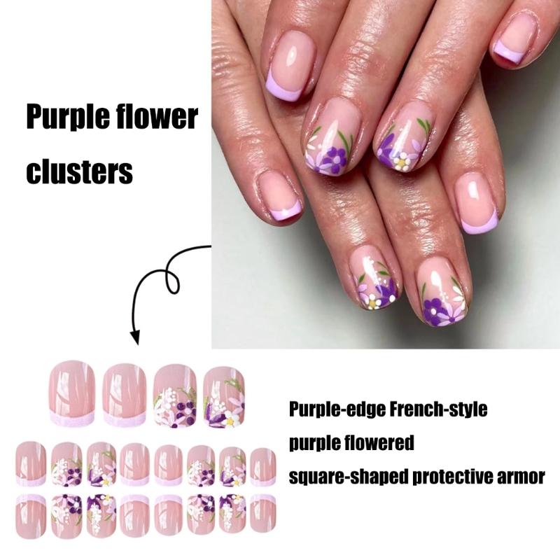 24 Pcs French Tip Press On Nail Short Square False Nail Colorful Flowers Acrylic Nail Glossy Full Cover Stick on Nail