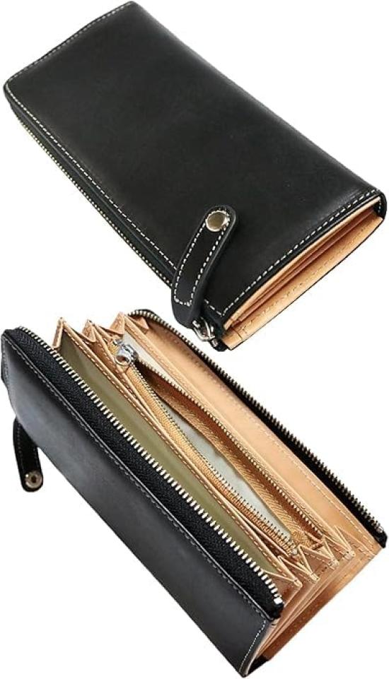 FashionBerry Black Tochigi Leather Long Wallet for Men, with Coin Purse, Round Zipper, L-Shaped Zipper, Genuine Leather, Multi-Functional, Large
