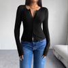 Women's Henley Neck Long Sleeve Slim Elegant Solid Button Down Top Casual Cropped Cardigan Tee For Spring Fall Daily Wear