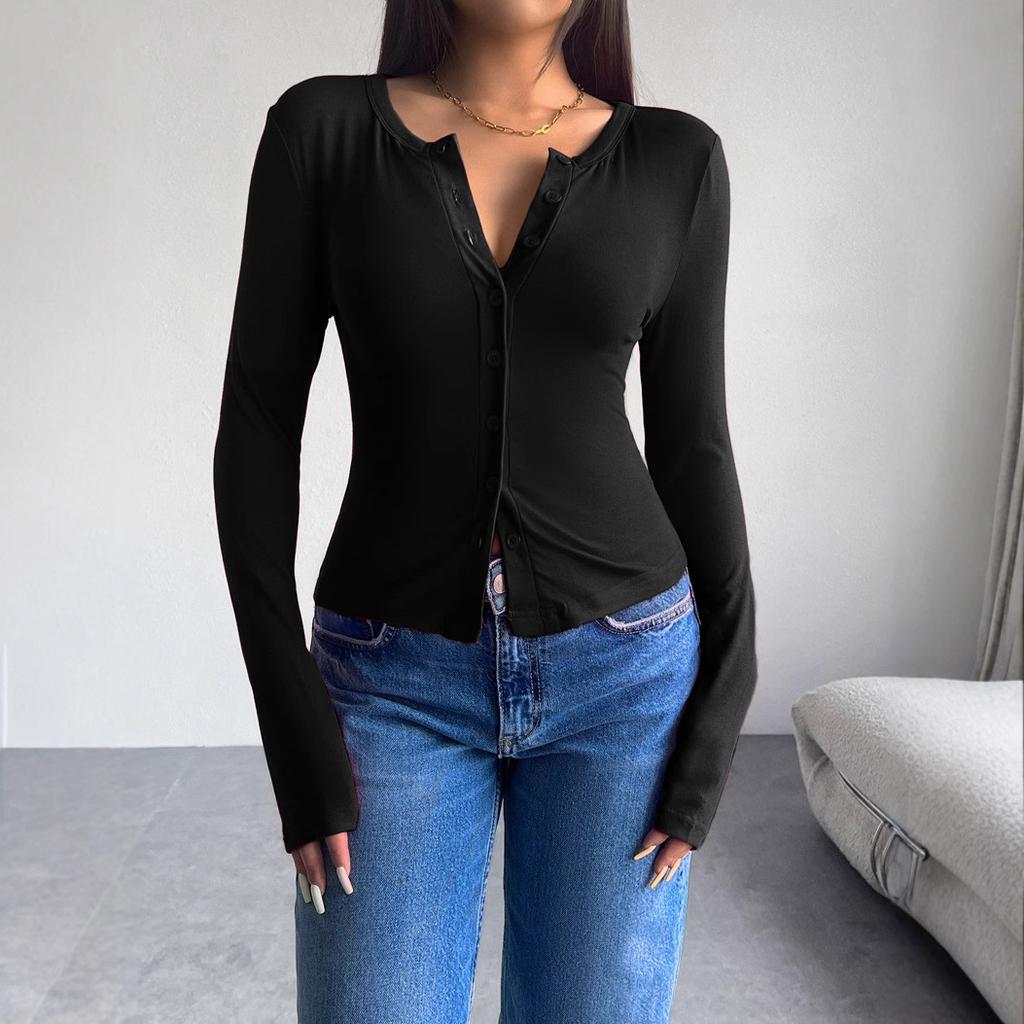 Women's Henley Neck Long Sleeve Slim Elegant Solid Button Down Top Casual Cropped Cardigan Tee For Spring Fall Daily Wear