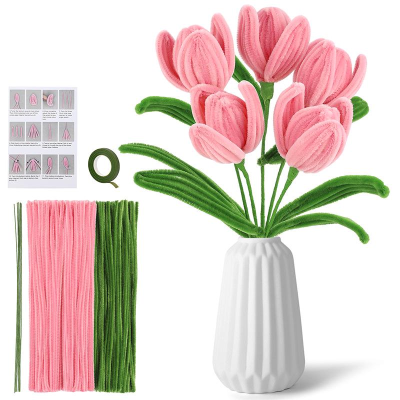 

1Set Tulip Pipe Cleaners Craft Supplies with Wrapping Paper for Birthday Creative DIY Home Decoration