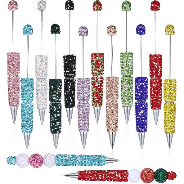 6Pcs Beadable Pens Bulk, Glitter Ballpoint DIY Beads Diamond Pens Beadable Items Making Kit Beads Supplies Bling Pen, Cute Pencils for DIY Making 6