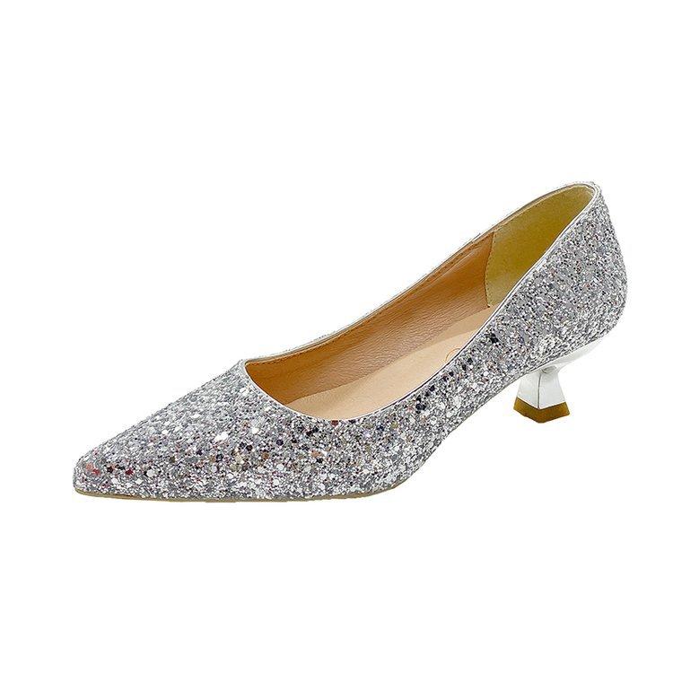 

Autumn new large size sequined stiletto single shoes pointed head shallow mouth high heels medium heel bridesmaid bride shoes 42