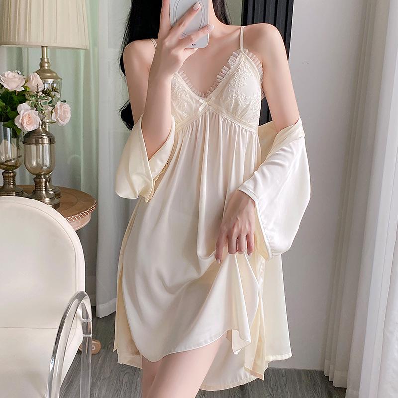 2025 Satin Spring/Autumn Pajamas: Sexy Women's Nightdress & Lace Homewear Set with Chest Pad In Ice Silk