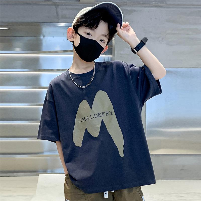 Boys' Short Sleeved T-shirt Children's T-shirt Loose Letter Round Neck Top Summer Children's Clothing