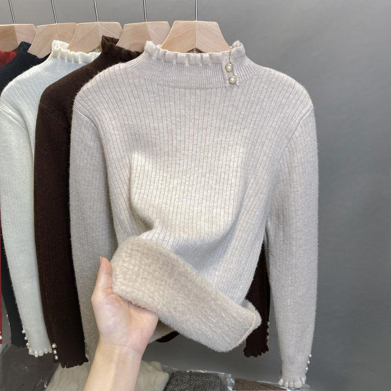 

Thickened and Fleece Women s Knitted Sweater Winter Solid Color Semi-high Neck Pullover Top Knitted Sweater S хаки