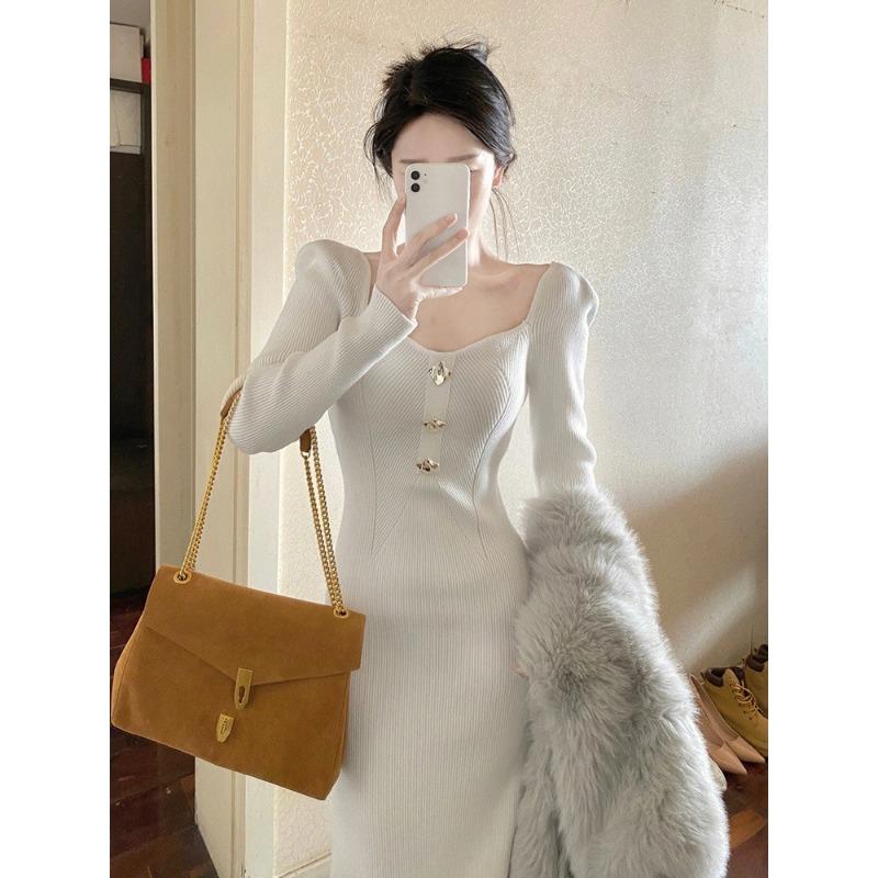 Dress autumn new women's waist thin celebrity temperament high sense white knitted skirt