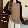 Real shot shoulder plugged long-sleeved T-shirt women's season new large size loose long splicing contrasting cotton top