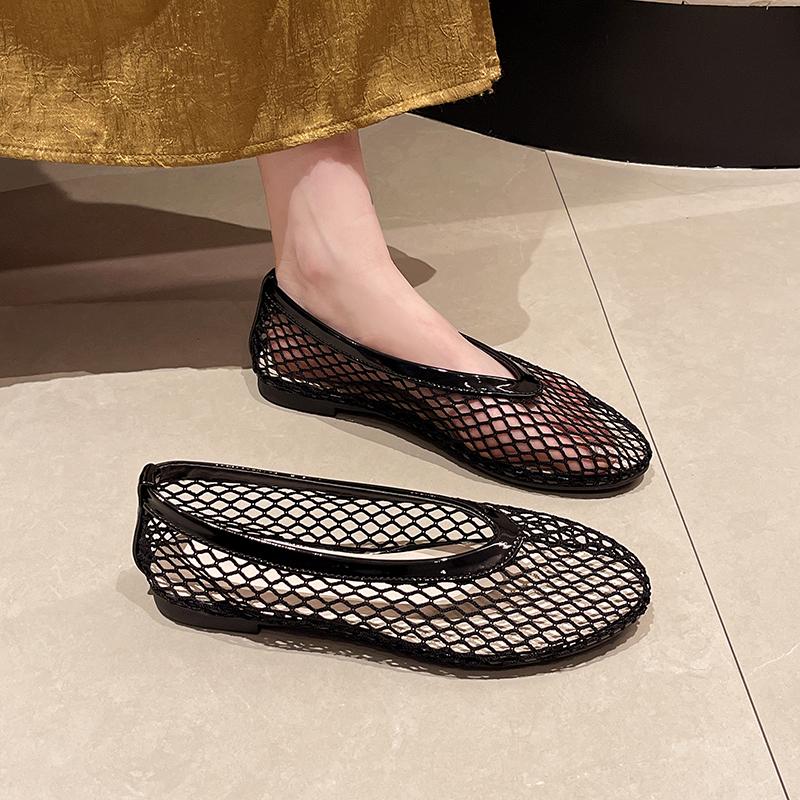 Fashion One-line Belt Mesh Woven Hollowed-out Baotou Semi-drag Women's Shoes Summer New Flat-soled Fisherman's Shoes