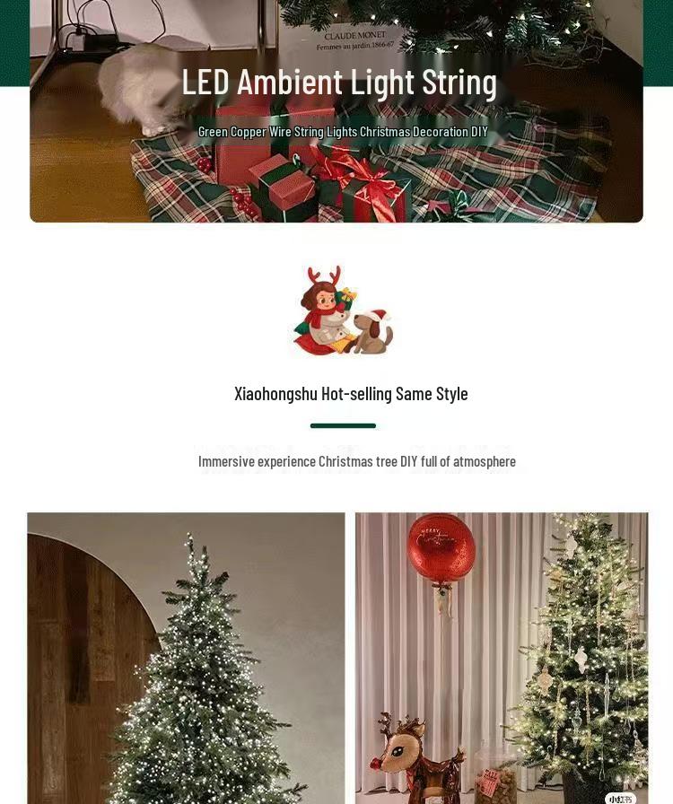 Green Copper Wire Christmas Tree String Lights - Outdoor Starry Sky Garland.
