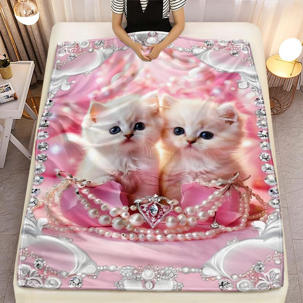 Pink Cute Kitten Flannel Throw Blanket Pearl Crown Gem White Cat Print Soft Warm Sofa Bed Decor Blanket
