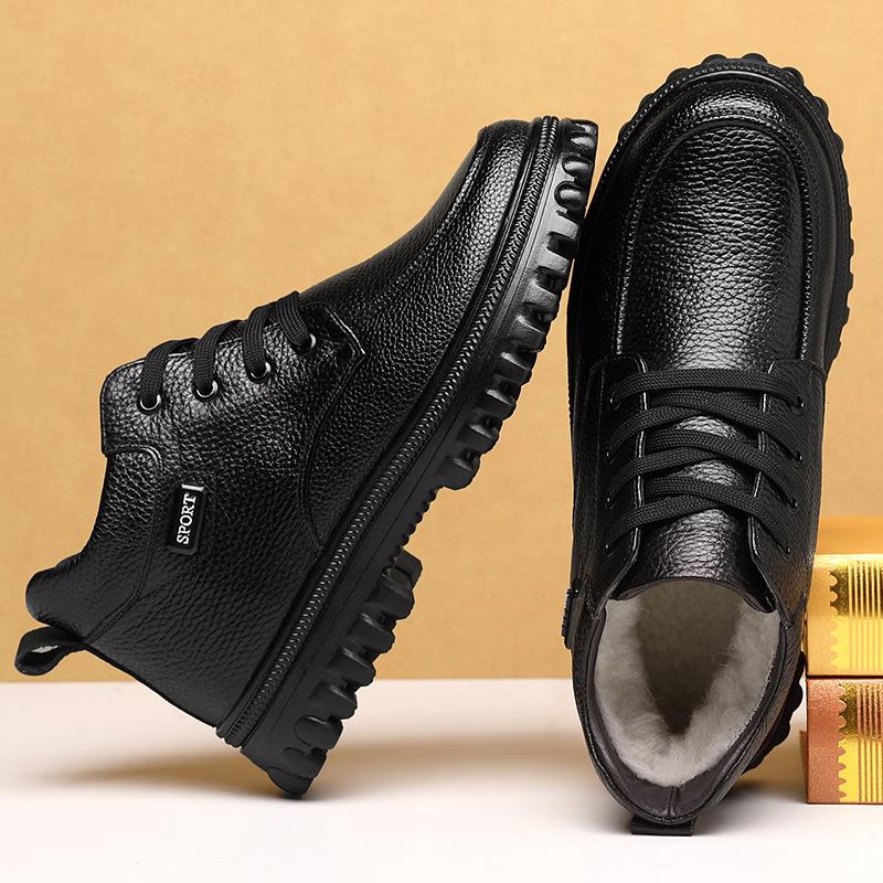 Cotton Shoes Men's High-top Winter Velvet Warm Leather Wool Snow Boots Casual Non-slip Waterproof Wear-resistant Cotton Leather Shoes