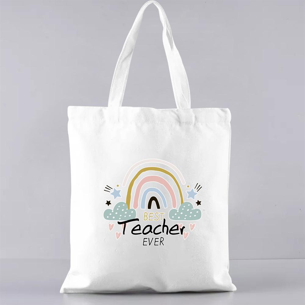 Fashion Shopping Bag Handbag Commuter Casual Shoulder Bag Reusable Canvas Bag White Cartoon Teacher Pattern Printing Tote Bag