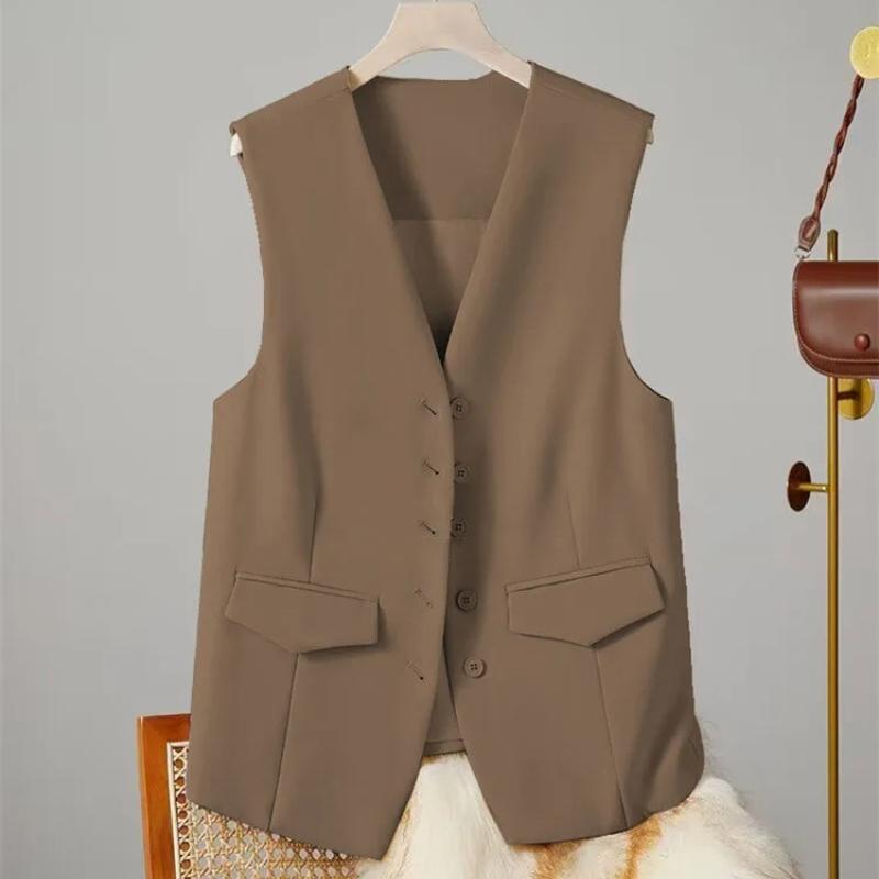 

Vest Women Sleeveless Jacket Waistcoat V Neck Single Breasted Tops Outerwear Spring Summer Female Office Lady Vintage 3XL хакі