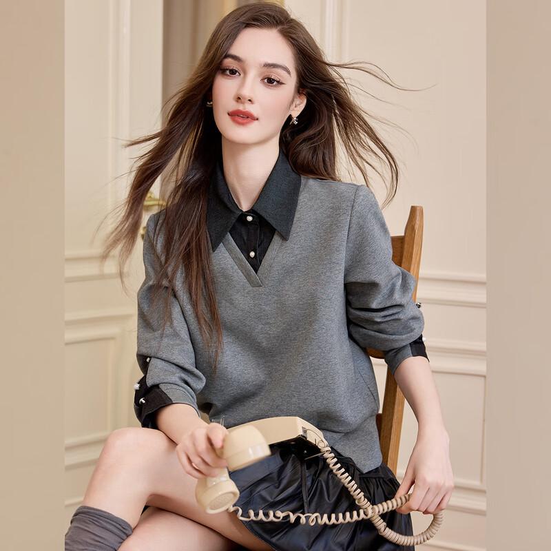 

Bailuyu Women s Color-Block Faux Two-Piece Lapel Sweatshirt XL