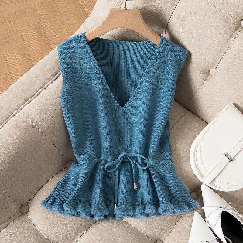 Blue Knit Vest Drawstring Waistband Design Ruffle Hem Sweet Women Pullover Sweater Simple Casual Sleeveless Coat Commuting Fall