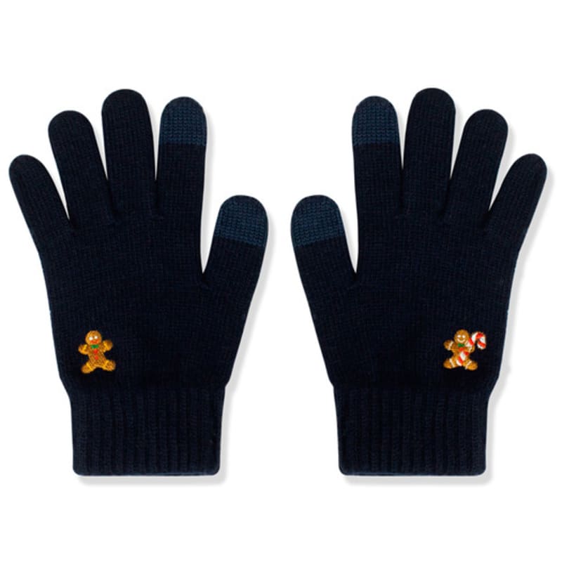 SNOOZY Gingerbread Man Embroidered Wool Knit Gloves Navy