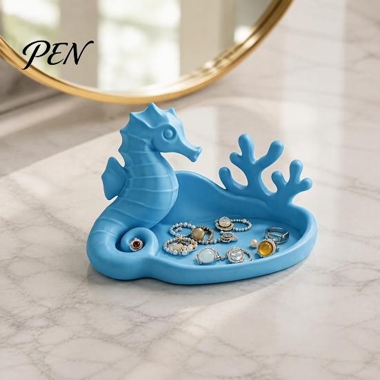 Seahorse Jewelry Dish Coral Tray, 3D Printed Ocean Themed Ring Earring Small Accessory Holder Holder, Decorative Trinket for Vanity Table Desktop