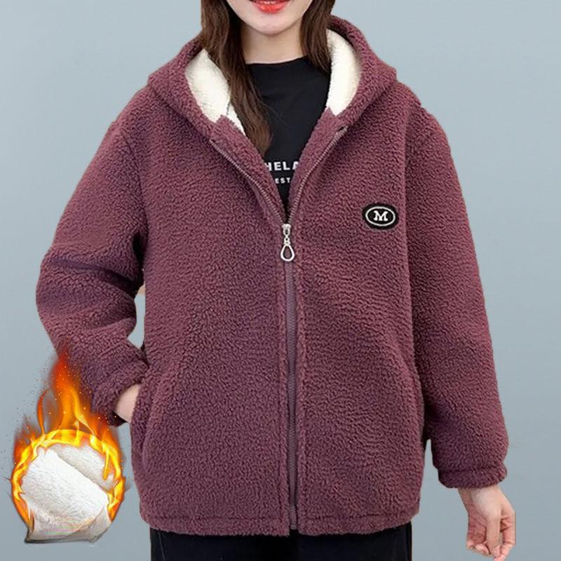 Autumn and Winter Women's Plus Velvet Thickened Lamb Velvet Warm Cotton Jacket Mother Wear Casual Hooded Cotton Jacket