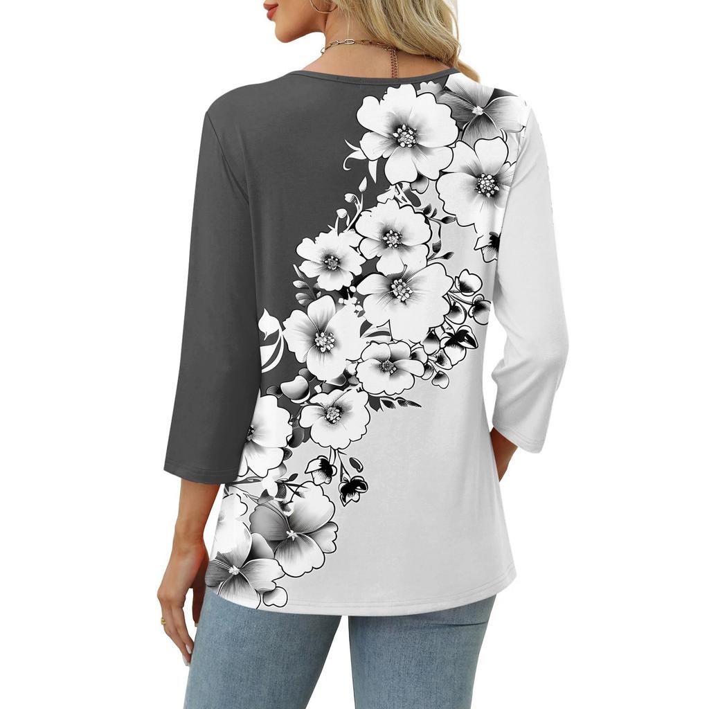 Women's Print Top Button-down V-neck T-shirt 3/4 Sleeve Loose Fashion Top