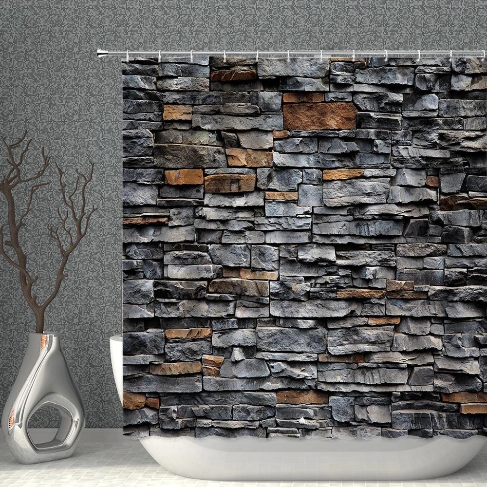 Brick Pattern Shower Curtains Waterproof Fabric Stone Grain Bath Curtain For Bathroom Partition Multi-Size With Hooks Home Decor