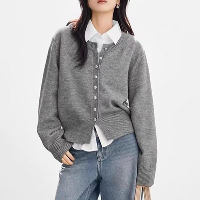 New single-breasted simple solid color round neck long-sleeved knitted cardigan women's versatile temperament sweater cardigan women's