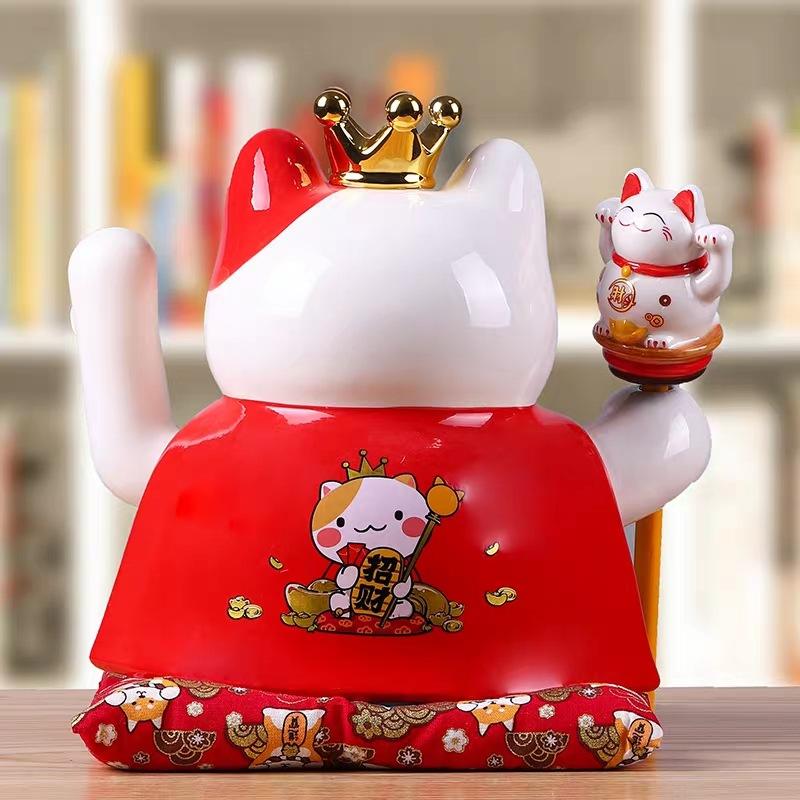 9,5 Zoll Keramik Winkende Katze Maneki Neko Ornament Feng Shui Dekoration Schaukel Glückskatze Batteriebetriebenes Geschäftsgeschenk
