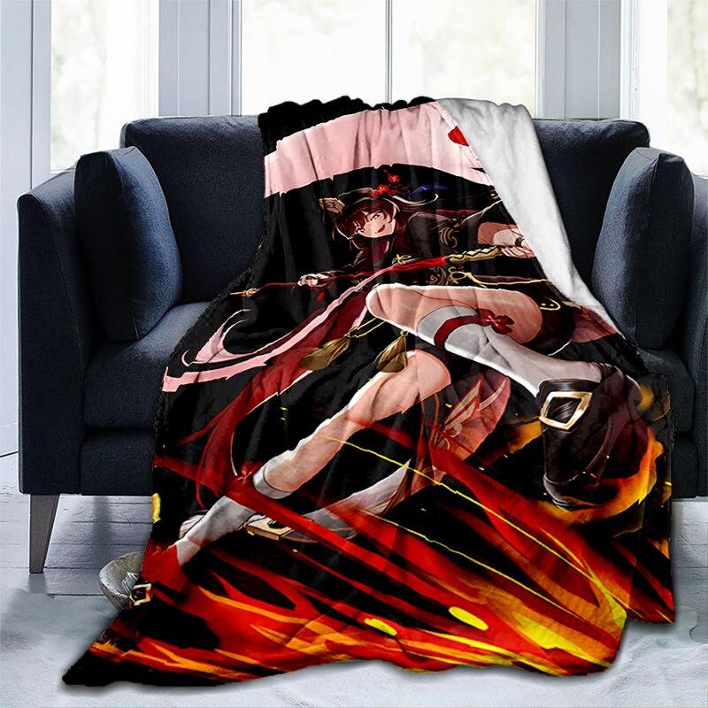 Pătură cu imprimeu Genshin Impact cu desene animate, flanel, căldură, moale, canapea extensibilă de pluș, pătură pentru aruncare, pătură de pluș, anime drăguț