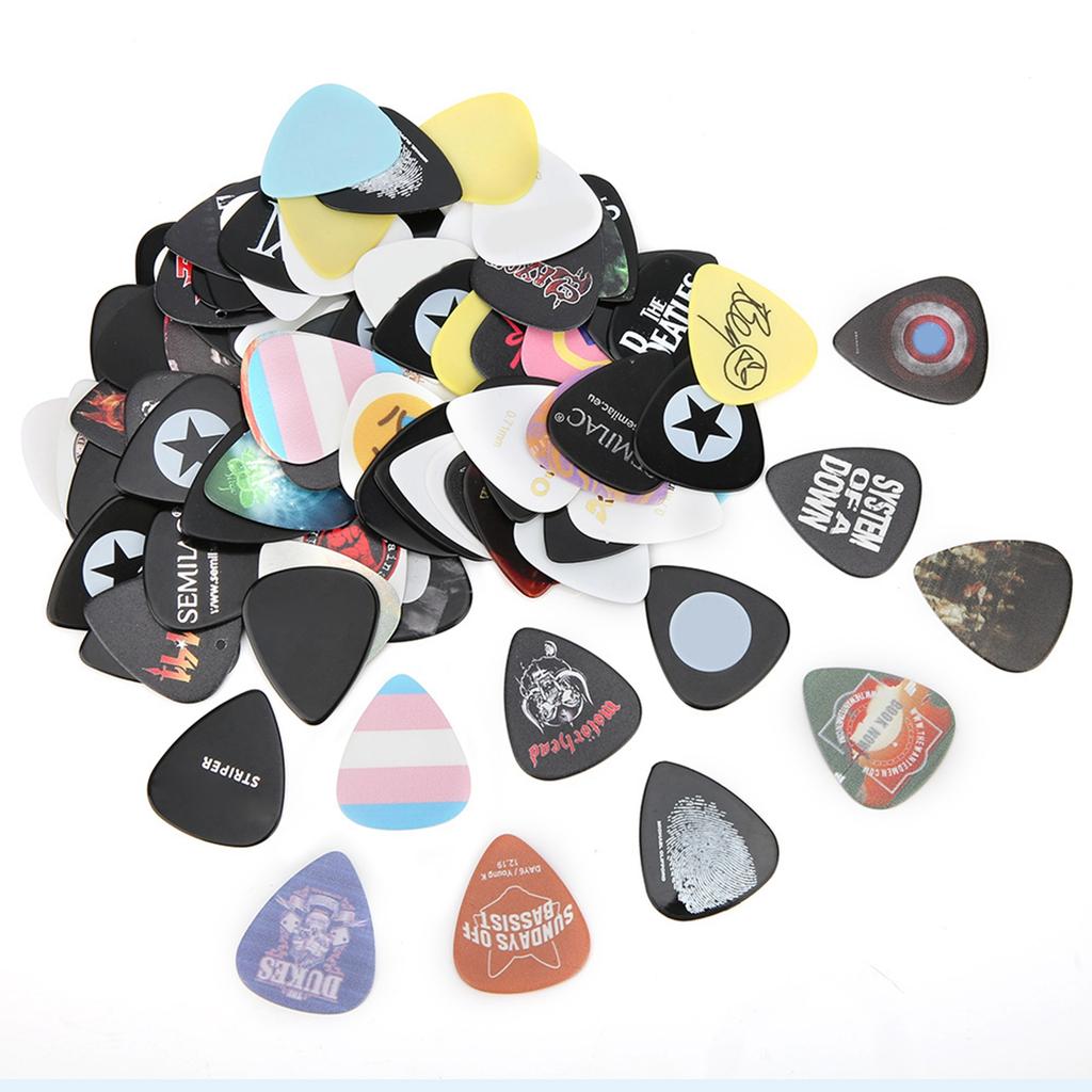100 ცალი გიტარის ფირფიტების ნაკრები Rock Celluloid მუსიკალური ინსტრუმენტის აქსესუარები ფირფიტის სამაგრი