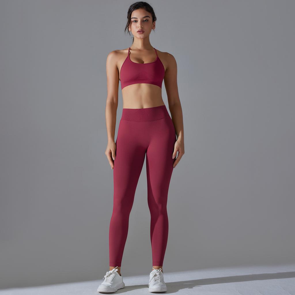 New Seamless Knitted Solid Color Sexy Back Tight Fashion Back V-waist Yoga Suit Running Fitness Set