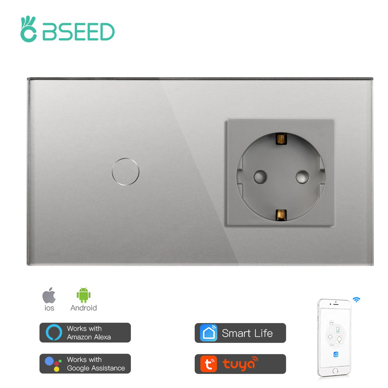 

BSEED Wifi Touch Switch 1Gang 2Gang 3Gang With Normal EU Socket Glass Panel Smart Wall Light Switch Tuya APP Control Backlight 100-240V&EU&1