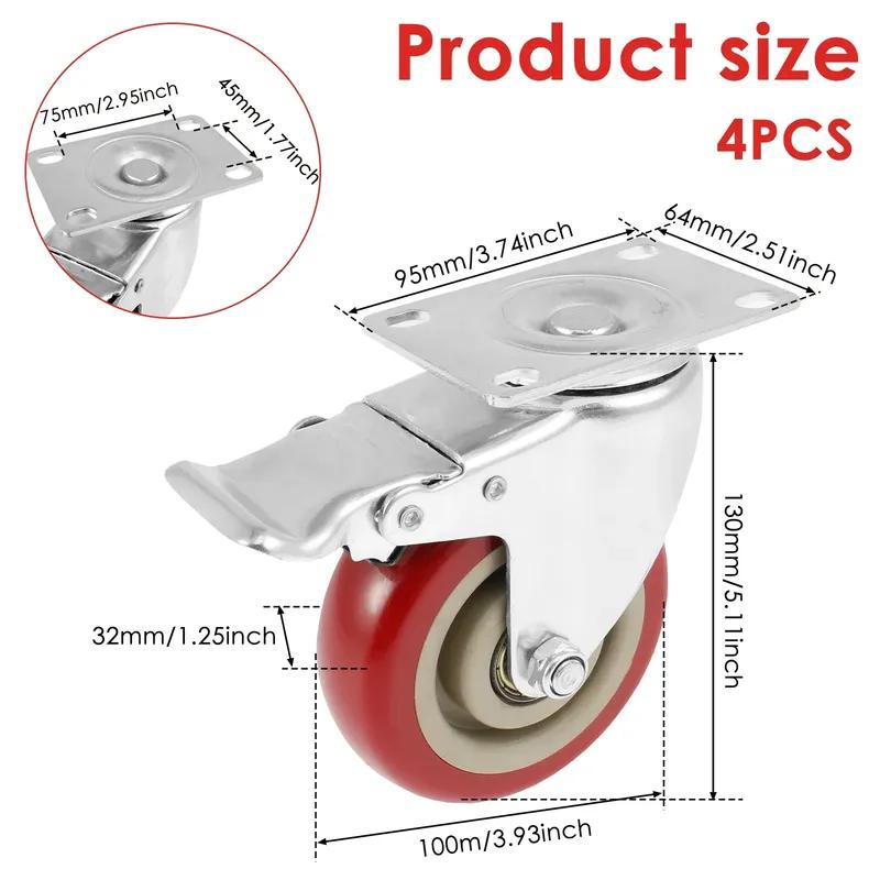 4Pcs 4 Inch/3inch Caster Wheel Heavy Universal 360° Swivel Silent Brake Wheels Caster Furniture Wear Platform Trolley Household