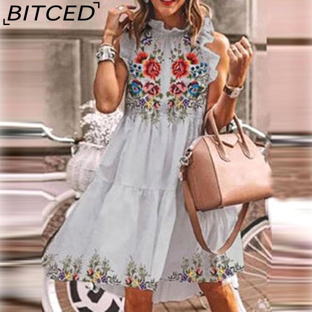 BITCED Women Floral Print Dress Loose Streetwear Knee Length Sleeveless Ruffle Party Dress S-3XL