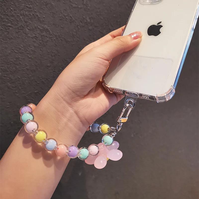 Phone Anti-lost Lanyard Key Short Wrist Pendant Women's Hand-held Chain Colorful Macaron Round Bead Pendant Mobile Phone Lanyard