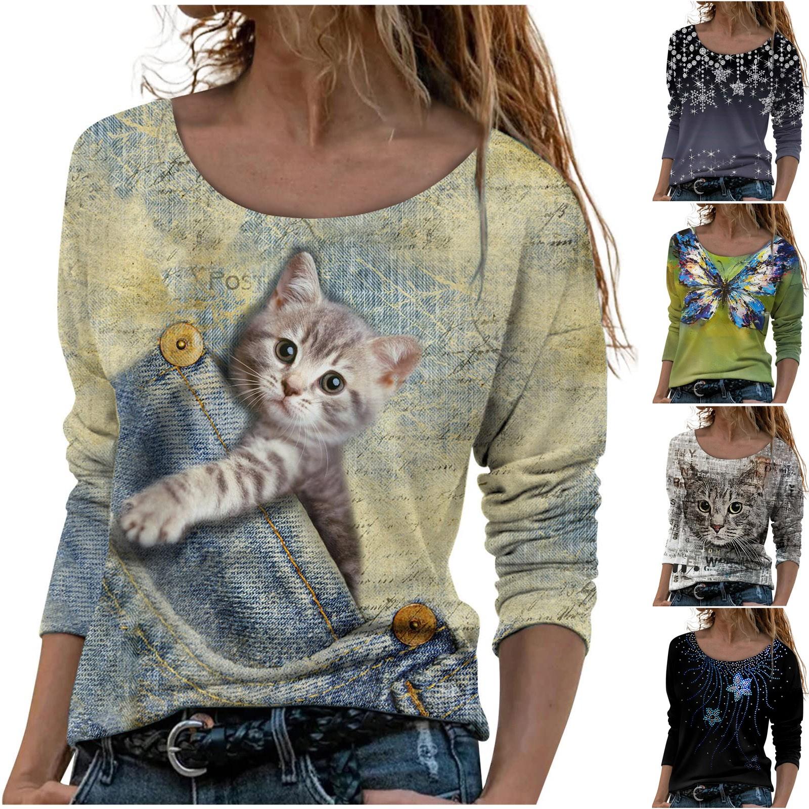 

Женская мода повседневный топ с длинным рукавом с цветочным принтом и круглым вырезом