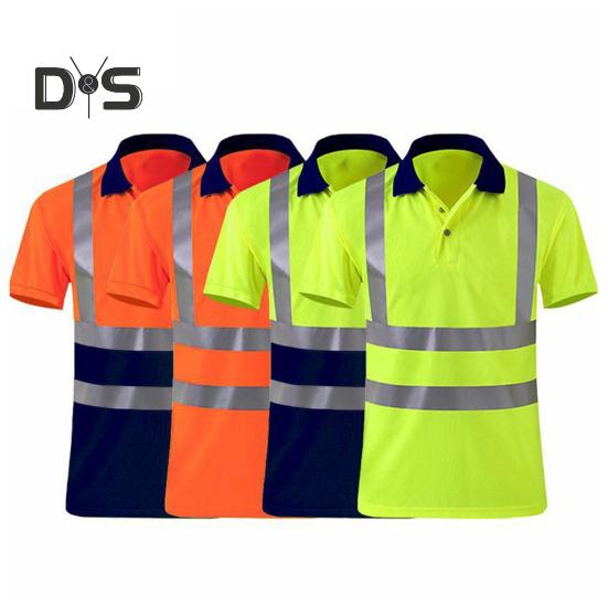 Gut sichtbares Sicherheits-T-Shirt mit Reversknopf und reflektierendem Band. Schnelltrocknendes, atmungsaktives Arbeitskleidungs-Sicherheitsoberteil für Bauarbeiter