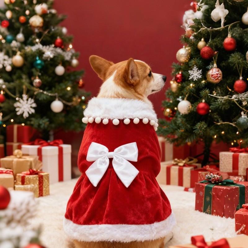 Pet Dog Cat Christmas Dress Skirt Outfit Holiday Costume Red Bow Tree Design Unisex Winter Seasonal Apparel