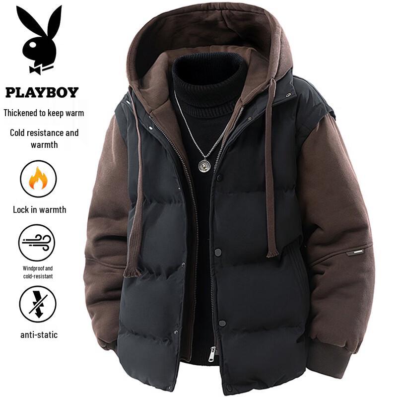 PLAYBOY Men's Hooded Faux Two-Piece Thickened Padded Jacket