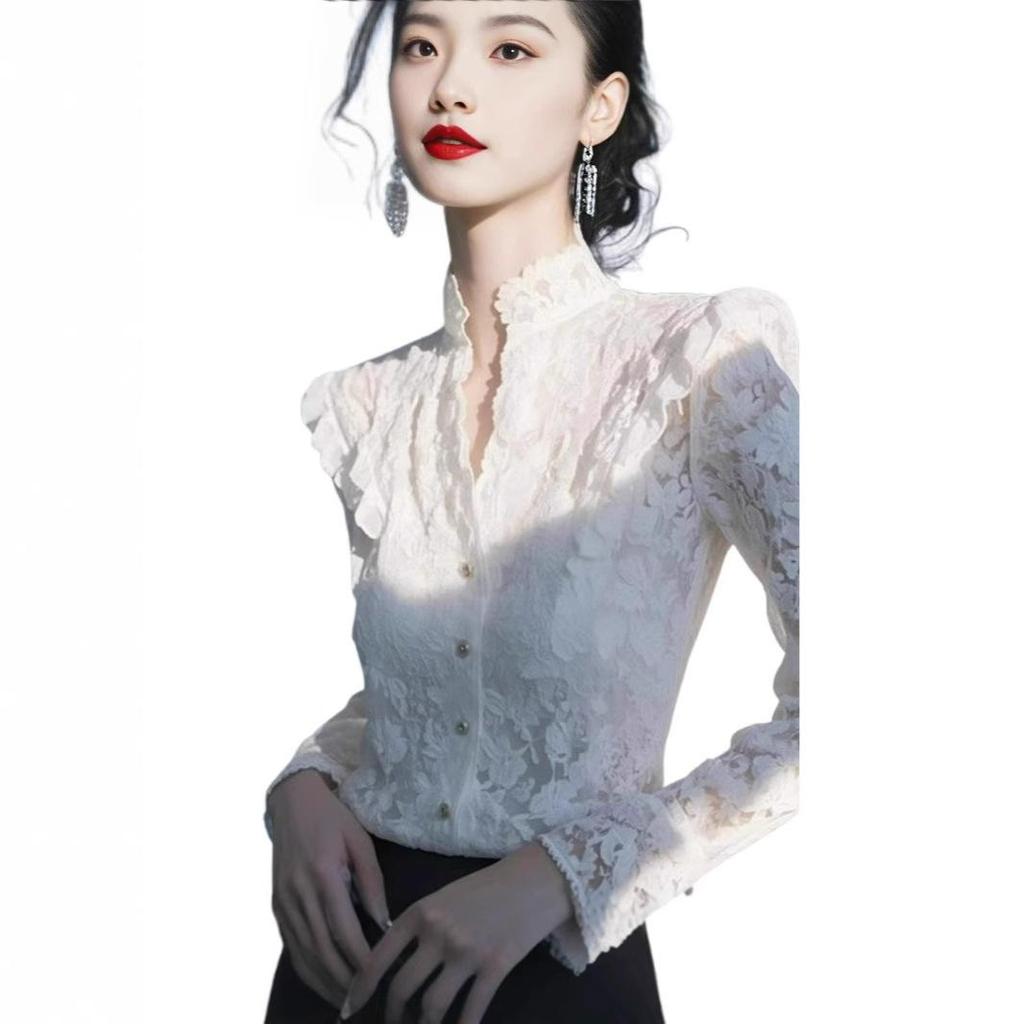 2025 Spring French Elegance: High-End Pretty White Lace Blouse