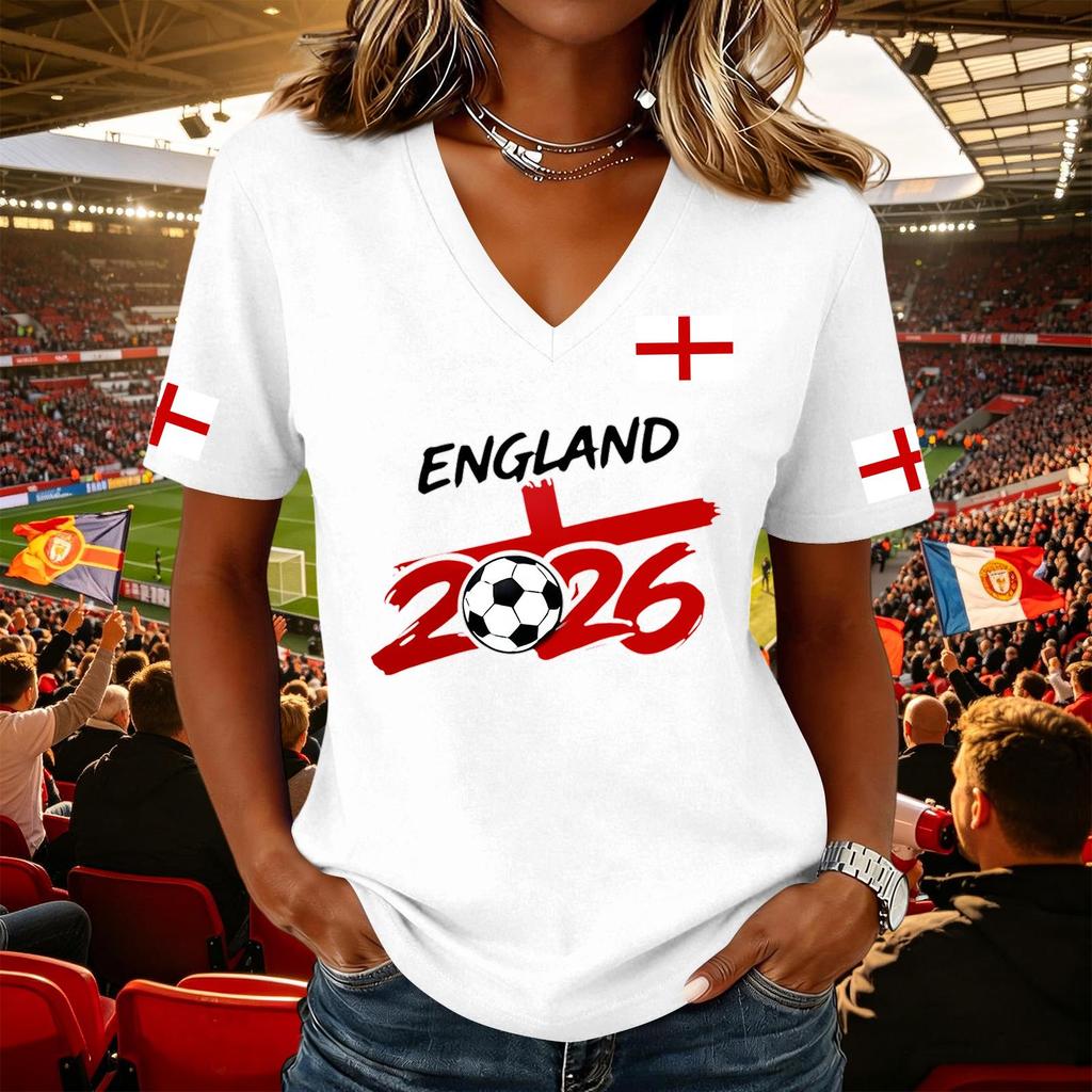 Women's Casual V Neck Short Sleeve Pullover Top Football Flag Print Support Tee Shirt for Sports Events