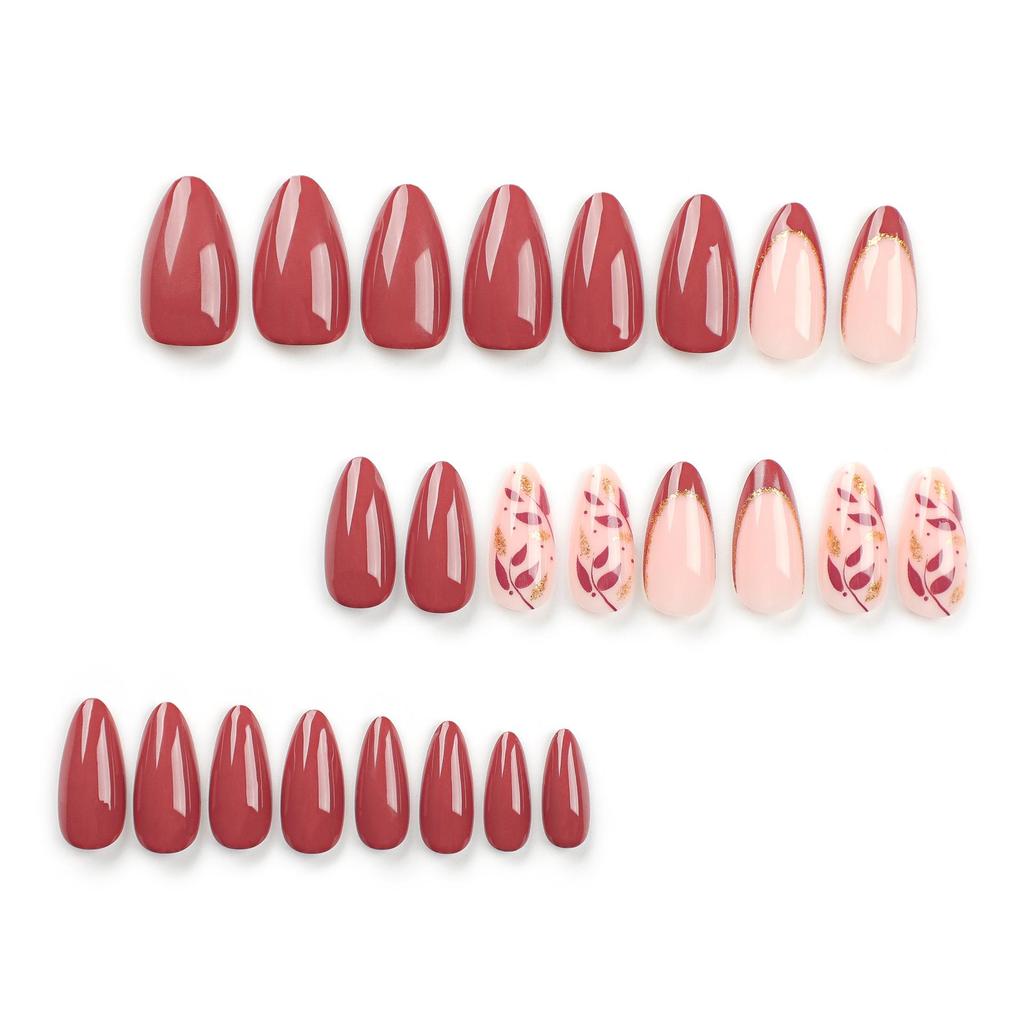 Red Almond Press-On Nails with French Wine and Leaf Design Stickers