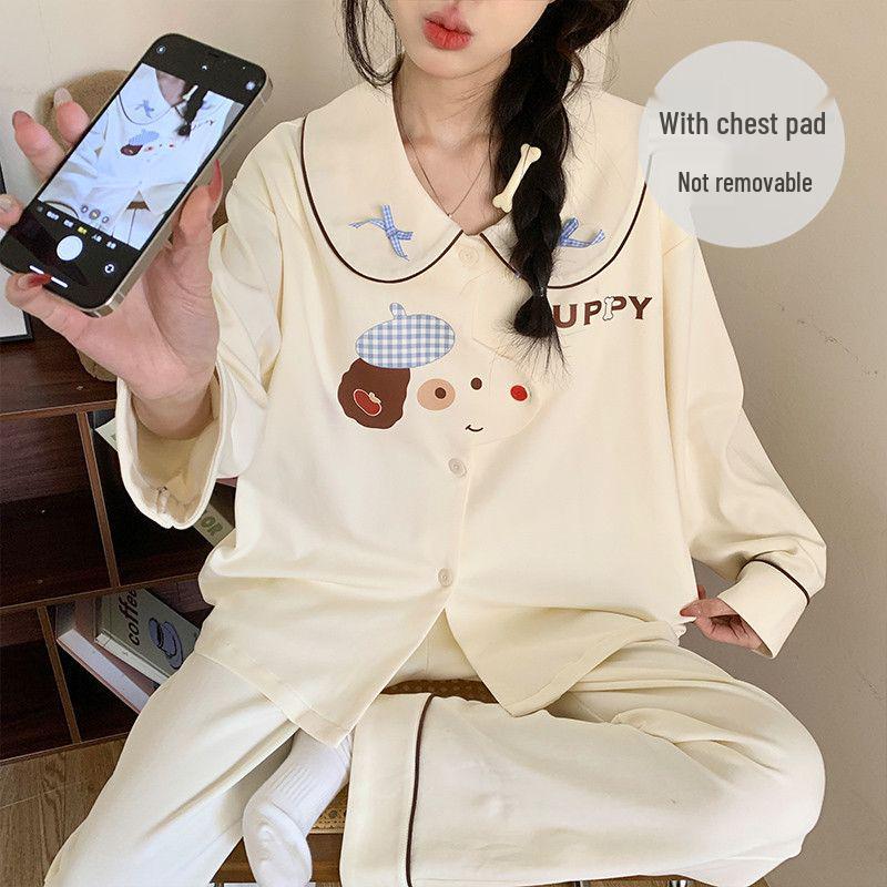 2026 Women's Cartoon Pajamas Set: Imitation Cotton, Chest Pads, Long Sleeve Cardigan & Pants for Spring/Autumn, Plus Size 200 Jin