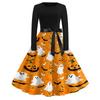 Women's Casual Halloween Print Long Sleeve Round Neck Vintage Style Dress with Waist Tie Belt Comfortable Fit