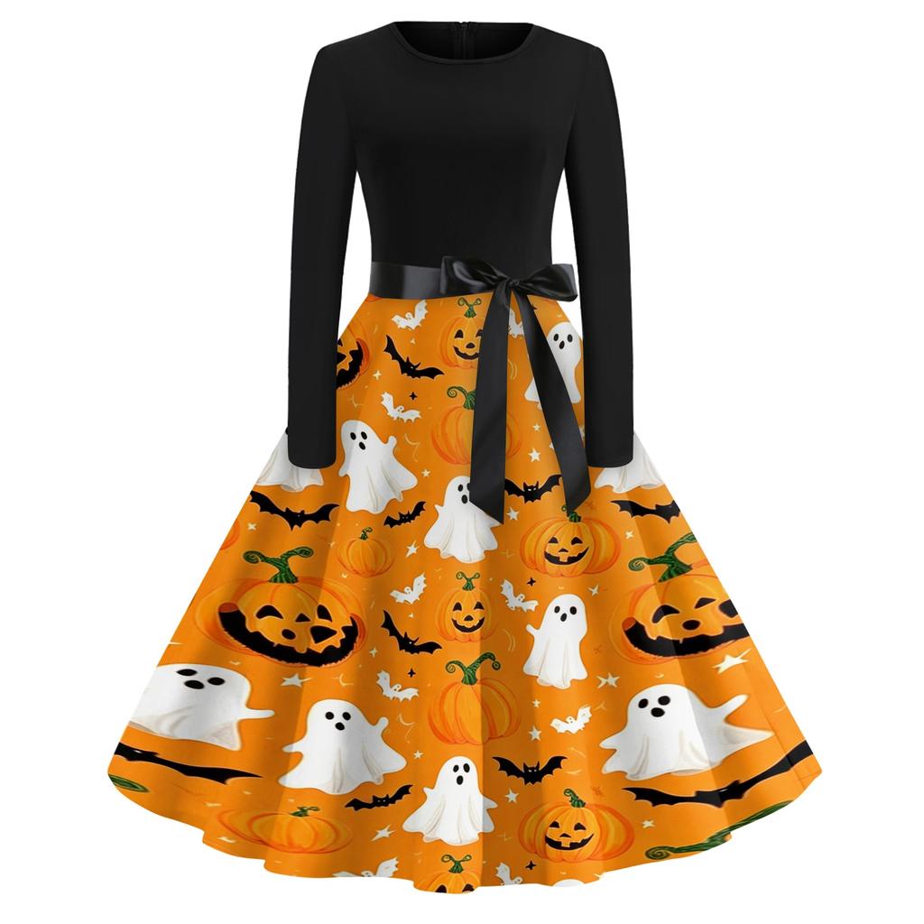 Women's Casual Halloween Print Long Sleeve Round Neck Vintage Style Dress with Waist Tie Belt Comfortable Fit