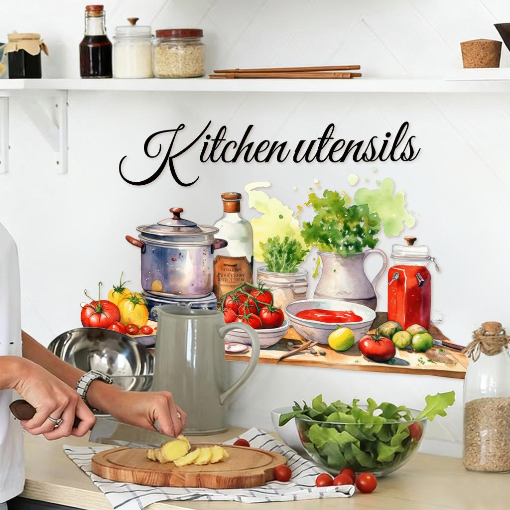 Naklejki ścienne z owocami i przyborami kuchennymi, Usuwalne, Antystatyczne, Wodoodporne, Samoprzylepne naklejki z PVC do dekoracji kuchni